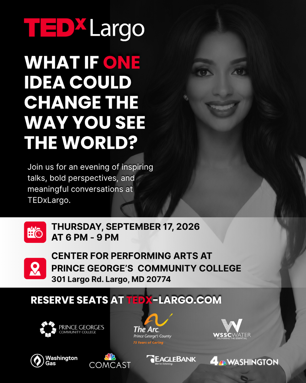 TEDxLargo event flyer featuring Yvonne Harper, September 17, 2026
